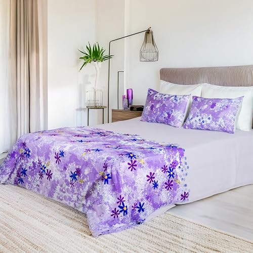 Image of Digitally Printed with Reactive Ink Tech | 300 TC 100% Organic Cotton Queen Premium Bedsheet Set | Ultra-Soft Satin-Like Finish | Floral Purple Paradise
