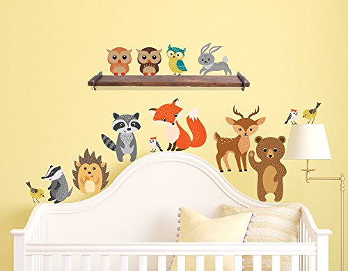 Innovative Stencils Forest Animals Wall Decals Peel and Stick Bear, Fox, Owl, Bunny, Racoon Birds Fabric Rusable Stickers Nursery Decor, Perfect Addition to Large Tree Decals, 14 Creature Included