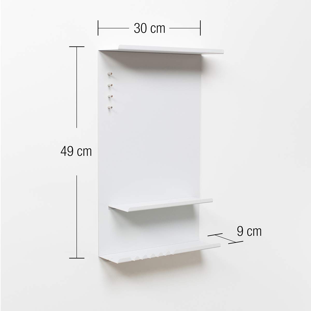 byde Organizer Ścienny Hele Wykonany z Metalu 30 x 9 x 49 cm Półka Ścienna 3 w 1 z Tablicą Magnetyczną i Magnesami. Organizer na Klucze i Notatki. Montaż na Ścianie z Szablonem Montażowym. Kolor Biały