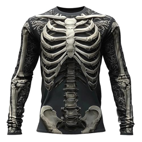 Generisch Maglietta a compressione da uomo con scheletro bruciante – Maglia funzionale a maniche lunghe con stampa 3D per sport e Halloween | Rashguard per fitness, palestra e corsa, Stile J02 Nero, M