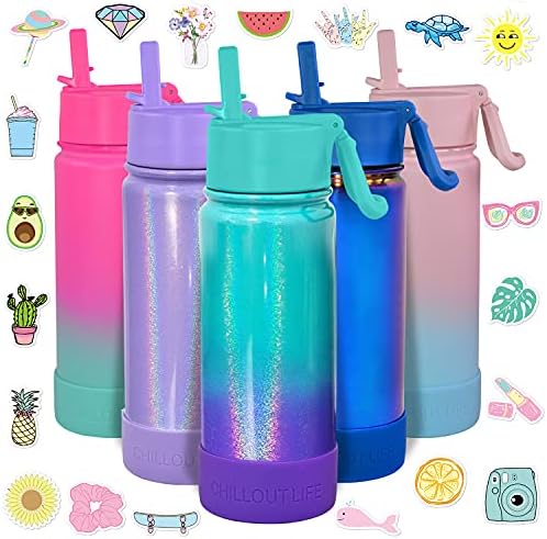 CHILLOUT LIFE 17 oz Insulated Water Bottle with Straw Lid for Kids and Adult + 20 Funny Waterproof Stickers - Perfect for Personalizing Your Kids Metal Water Bottle
