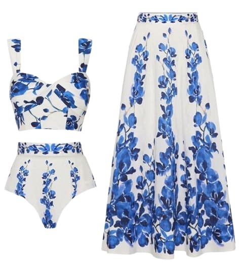 Blue Floral High Waisted Bikini Set with Maxi Cover Up-image-22