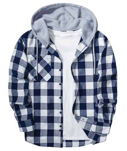SwissWell Camisas Franela para Hombre Manga Larga Camisa a Cuadros con Capucha Camisa de Trabajo Leñador con Bolsillo,D157 Azul Oscuro Blanco,M