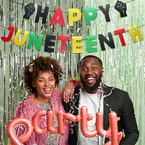 Image of Happy Juneteenth Banner - Pre-Strung Glitter Red Green Black Gold Garland with Fist Signs Honoring 1864 for Freedom Day Party, Juneteenth Celebration, African American Independence Decor, and Emancipation Day Decorations