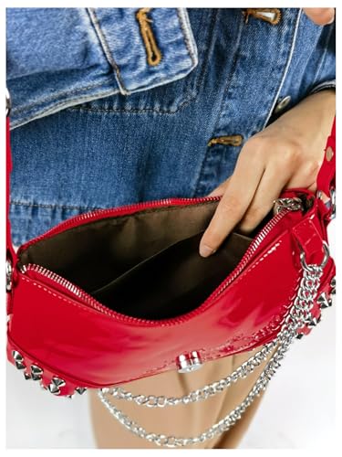 QWINEE Women's Studded Shoulder Bag Y2k Chain Clutch Purses Vintage Buckle Leather Underarm Bag4