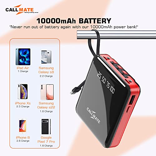 Image of CALL MATE DX03 Power Bank 10000mAh Li-Polymer with 2.4 Fast Charging with 1 USB Port and 2 Input (Micro, Type C),Semi Digital Battery Indicator, in-Built 3 in 1 Detachable Cable (Red)