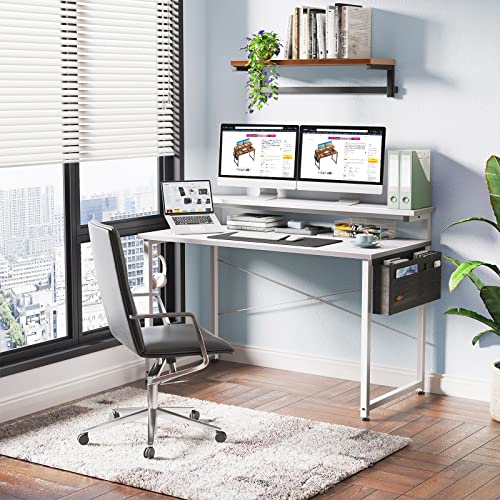 ODK Schreibtisch Weiß mit Monitorständer Höhenverstellbar, 120x50x74cm Computertisch mit Aufbewahrungstasche, PC Tisch mit Kopfhörer Halter, Kleiner Bürotisch Officetisch für Home Office - 5