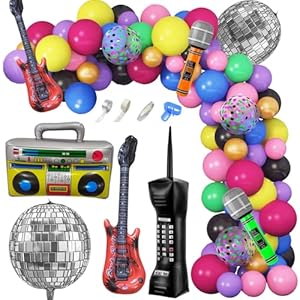 Amandir 80s 90s Theme Party Decorations, 90Pcs Balloon Garland Kit 6PCS Inflatable Disco Ball Radio Boom Box Retro Mobile Phone Guitar Microphone Balloons for Back to 80s 90s Hip Hop Birthday Supplies