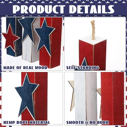 Image of Amyhill 3 Pcs 4th of July Decorations Set Wooden Patriotic Table Centerpieces Independence Day Wood Firework Fourth of July Table Signs for 250th Anniversary Home Farmhouse Decor (Vintage Style)