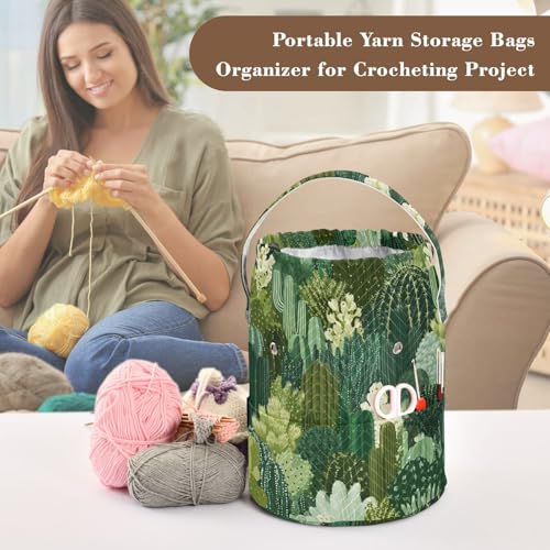 Image of ElliTarr Crochet Bag Yarn Bag with Handle Portable Knitting Project Bag Travel Yarn Storage Organizer Holder Case Green Cacti Plants