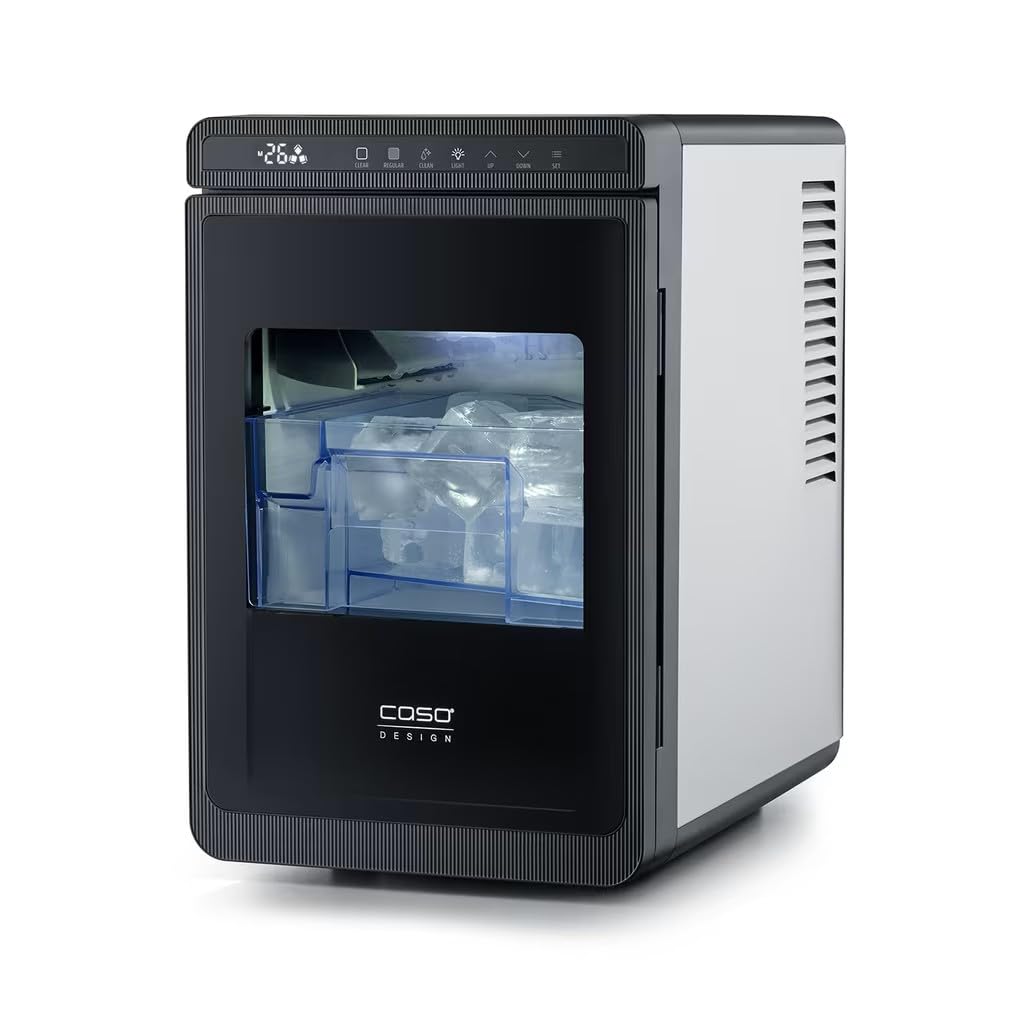 CASO Clear Ice Advanced - Máquina para hacer cubitos de hielo con compresor - Silenciosa 48 dB, cubitos de hielo transparentes y mate, 8-12 min, depósito de agua de 1,5 l, autolimpieza, negro mate