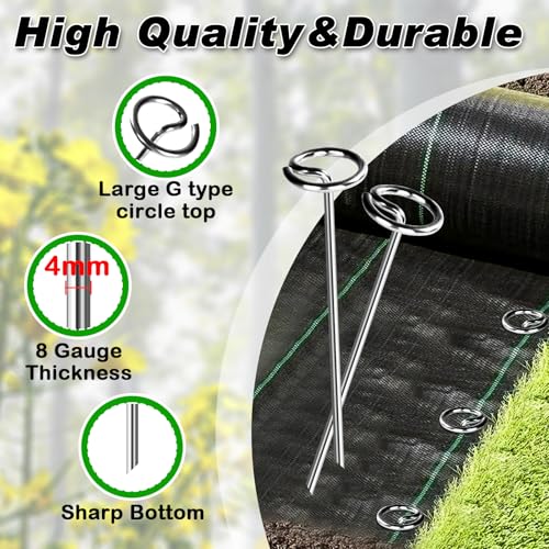 Image of FEED GARDEN Heavy Duty Landscape Fabric Pins 8 Gauge 60 Pack with Pick Hook, 6 Inch Galvanized Round Head Garden Stakes for Weed Barrier Fabric, Turf, Sod, Tent, Garden Edging & Hard Soil