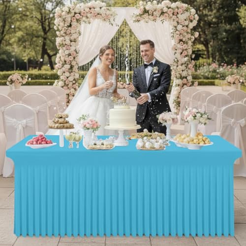 Image of Smiry Spandex Elastic Fitted Table Cloth Skirt for 8FT Rectangle Table | Stretch Washable Table Cloth, Banquet Table Cover for Wedding, Party, Indoor & Trade Shows, (Blue Mist, 96Lx30Wx30H)