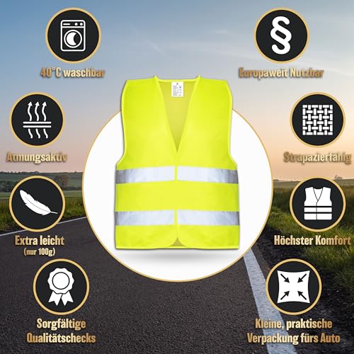 HELDENWERK Warnwesten Auto 4er Set Europaweit gültig nach aktueller Norm 2026 EN ISO 20471 - Reflektierende Warnweste Auto - Sicherheitsweste Gelb - Warnschutzweste - Auto Warnweste für Erwachsene