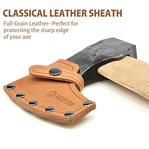 Nedfoss 13" Hatchet, Camping Axes And Hatchets, Viking Bearded Axe With Full Grained Leather Sheath, Forged Carbon Steel Heat Treated And Beech Handle, Bushcraft Axe For Wood Splitting And Kindling #TOP3