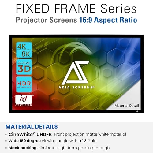Image of Akia Screens 100 Inch Fixed Frame Projector Screen, 16:9, 8K / 4K Ultra HD Projector & 3D Ready, Wall Mount CINEWHITE UHD-B Indoor Projection Screen for Home Theater, Cinema AK-FF100WH2