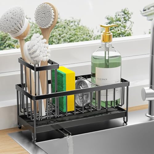 Image of Metal Sponge Holder for Kitchen Sink | Auto-Draining Sink Organizer Caddy with Drain Tray, Soap Dispenser Stand & Dish Brush Holder | Large Capacity Multipurpose Kitchen Storage Rack