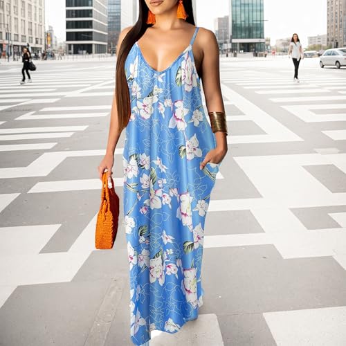 Image of Women's Casual Summer Maxi Dresses Sleeveless Adjustable Spaghetti Strap Loose Plus Size Dresses