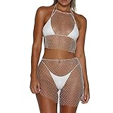 FlyCC Rhinestone 2 Piece Skirt Set Outfits See Through Mesh Beach Bikni Swimsuit Cover up Fishnet Crop Top with Mini Skirt
