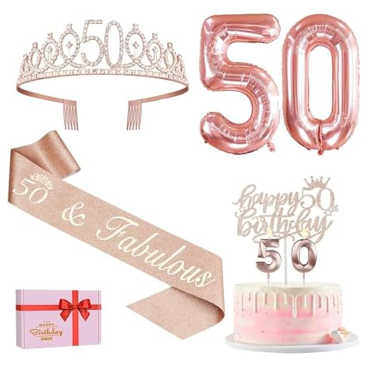 50th Birthday Decorations Women, Include 50th Birthday Sash and Tiara, Birthday Cake Topper and Number 50 Candles, Balloons, Birthday Card, 50th Birthday Gifts For Women