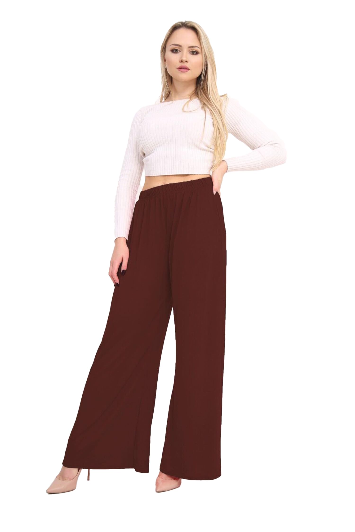 Purple Hanger Women's Brown Stretch Elasticated Baggy Wide Leg Palazzo Plain Loose Fitted Trousers Pants Plus Size (As8, Numeric, Numeric_16, Numeric_18, Regular, Regular, )