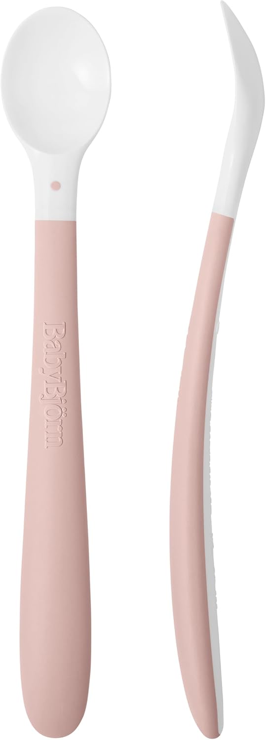 BabyBjörn Feeding Spoon, 2-Pack, Powder Pink Includes Baby Plate, Baby Fork, Baby Spoon, and Baby Cup Dishwasher Safe Toddler Feeding Set for self-Feeding or Baby-led Weaning