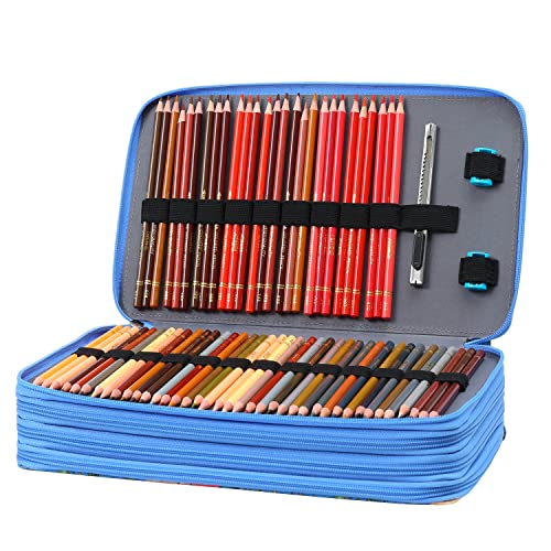 Image of Vomgomfom 300 Slots Marker Case 4-Layer PU Leather, Handle, Blue