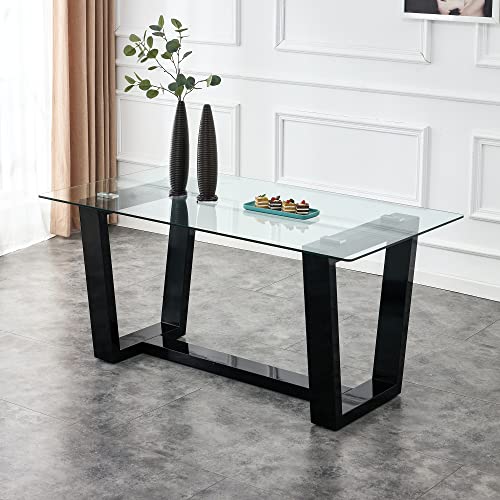 Ebullient Glass Dining Table, Modern Dining Table, 63" Tempered Glass Tabletop with Black MDF Trapezoid Legs, Rectangle Kitchen Table for 4-6 Person, Ideal for Kitchen, Dining Room, Home, Apartment