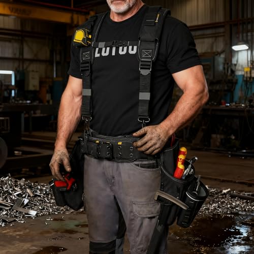 Image of MELOTOUGH Professional Tool Belt with Suspenders Carpenter Tool Belt Combo Organizer Tools Pouch Suspenders with 32 Pockets and Loops fits 34 inch-48 inchWaist