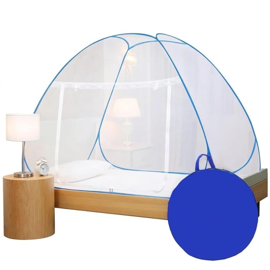 Mosquito Net for Double Bed | King Size Foldable Machardani | Polyester 30GSM Strong Net | PVC Coated Corrosion Resistant Steel Wire - Blue-image-43