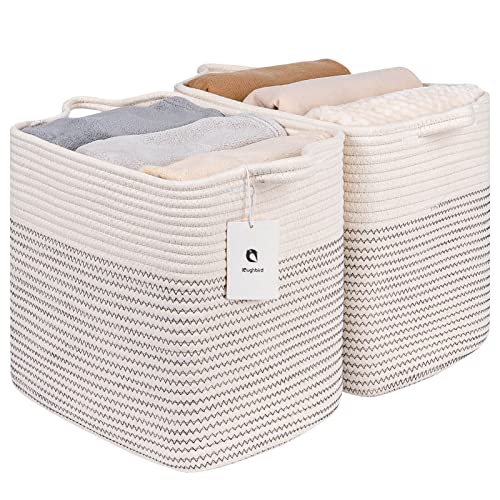 Image of Medium and Large Woven Basket//With Handle, Used for Toys and Fabric Storage Basket used for Storing xl Storage Box, Decorative Storage Box Room 2pack (14L*12H L White/Black Line, 14L*10W*12H)