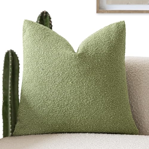 Image of Foindtower Decorative Textured Boucle Throw Pillow Covers Accent Solid Pillow Cases Neutral Soft Cozy Couch Cushion Case for Chair Sofa Bedroom Living Room Home Decor 18x18 Inch,1PC,Leaf Green