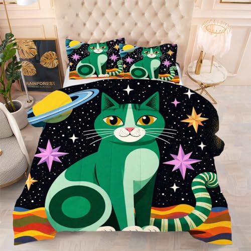 ZZXHG Edredón Matrimonio Estampado 3D | Gato Verde de Dibujos Animados, Nórdico Reversible de 4 Estaciones, Lavable, Incluye 2 Fundas de Almohada 50x75 cm, para Cama de 105 cm