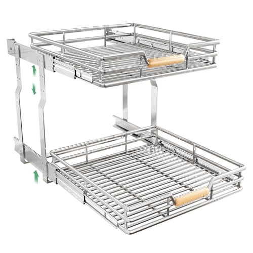 Image of Pull out Cabinet Organizer, 2 Tiers 23 inchW X 21 inchD, Heavy Duty Smooth Sliding Under Cabinet Shelves for Pots and Pans, Full-Extension Roll out Drawers, Slide out Organization for Home Kitchen Pantry