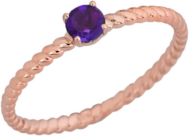 Dainty 10k Rose Gold Stackable Amethyst Solitaire Rope Engagement/Promise Ring