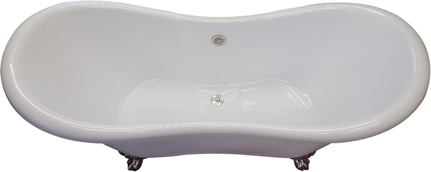 68" Claw Foot Bathtub Acrylic Double Ended Slipper with NO Faucet Holes & Brushed Nickel Feet- "Harrison"