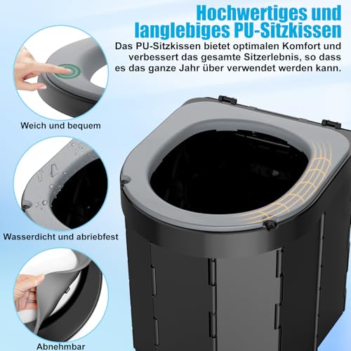 WADEO Tragbare Campingtoilette mit Deckel und bequemem Sitzkissen, Belastbarkeit bis zu 200kg, Mobiltoilette Falttoilette mit Toilettenbeutel und Papierhalter, ideal für Camping Wandern Reisen Angeln