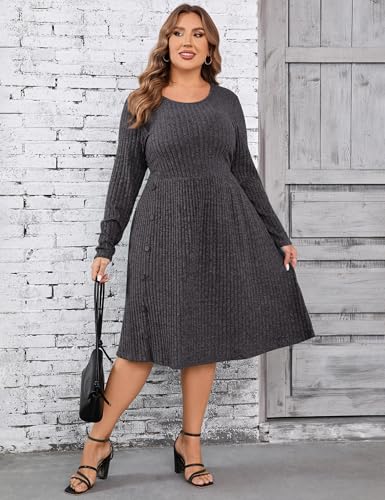 Image of Women's Plus Size Casual Sweater Dress Square Neck Long Lantern Sleeve Tie Waist Loose Pullover Sweater Dresses