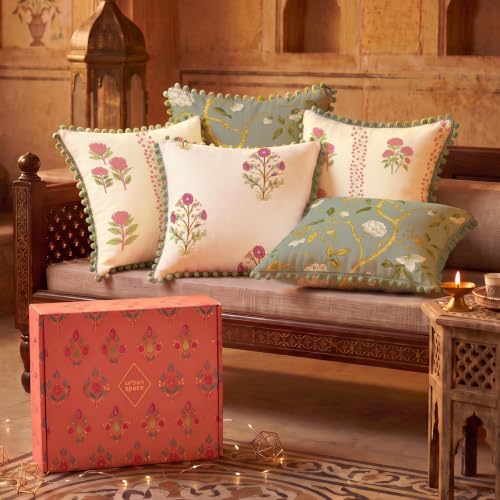 Image of Urban Space Festive Gift Set - Set of 5 Decorative Cushion Covers with Pom Pom, 16 x 16 Inch, Living Room & Sofa Cushion Covers, Home Decor Gift Set for Diwali, Housewarming & Festive Gifting (CC2)