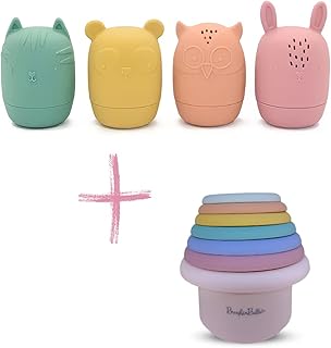BrushinBella Silicone Bath Toys 4-Pack - Cleanable Silicone Toys with Montessori Stackable Cups - Baby Bath Toys - Dishwasher-Safe Bath Toys - Toddler Tub Toys - Baby Bath Essentials