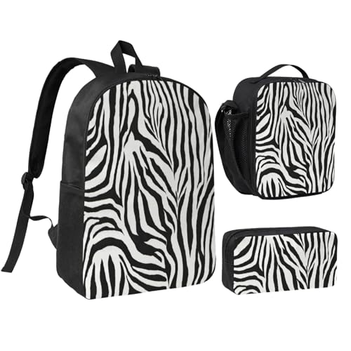 Zebra Print print Backpack Bookbag for Daily Use,3 Pcs Backpack Set with Lunch Box and Pencil Case