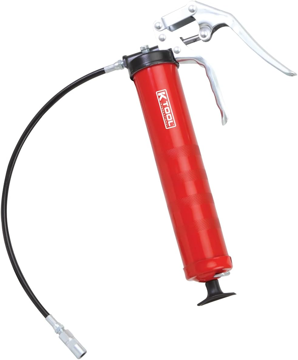 K Tool International 73933 Pistol Grip Grease Gun for Garages, Repair Shops, and DIY, 5,000 lbs. Capacity, Die-cast Aluminum Head, 14oz Bulk or Suction Fill, 3-Way Loading, 18" Flexible Hose, Red
