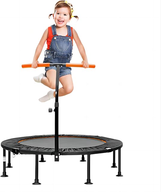 SPOTRAVEL 45" Mini Trampoline, Foldable Fitness Rebounder with Height Adjustable Handrail & Safety Pad, Indoor Exercise Bouncer for Kids Adults
