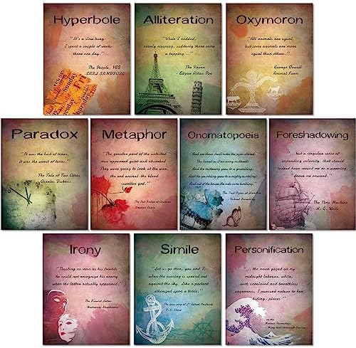 Cornison 10 Pcs Element of English Language and Literature Posters Vintage English Teacher's Posters Educational Art Print for School Classroom Home, 14 x 11 Inch (English Literature Posters Style)