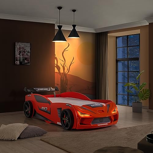 Aileenstore Autobett Kinder Kinderbett Rio 90x200 Rennwagenbett inkl. Lattenrost LED-Leuchte Spoiler (ohne Matratze, Rot ohne Sportsitze)