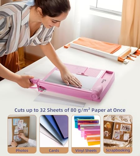 Image of Firbon 12 inch Guillotine Paper Cutter, Heavy Duty 30-Sheet Capacity Trimmer for Cardstock, Photos, Scrapbooking, Office, Classroom, Studio (Pink)