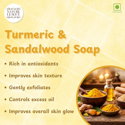 Image of TURMERIC & SANDALWOOD Handmade Soap, SLS & Paraben Free, Natural Skincare Cleanser Bar for Face & Body, Moisturizing, Gentle & Refreshing, Ideal for Everyday Use, Pack of 1 (100 gms)