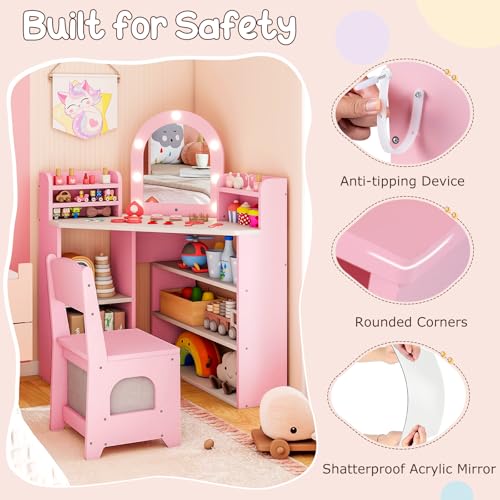 Image of Costzon Kids Vanity with Lights, Corner Vanity Desk with Mirror, Storage Shelves, Wooden Princess Toddler Makeup Dressing Table, Kids Vanity Table and Chair Set for Little Girls (Pink)