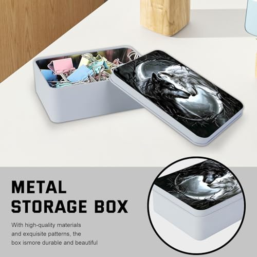 Image of Metal Tin Box with Lid,Multi-functional Storage Box Can Store Tea Biscuits Game Cards, Playing & Tarot Cards-Comes with 4 Magnetic Cord Clips,Black and White Twin Wolves