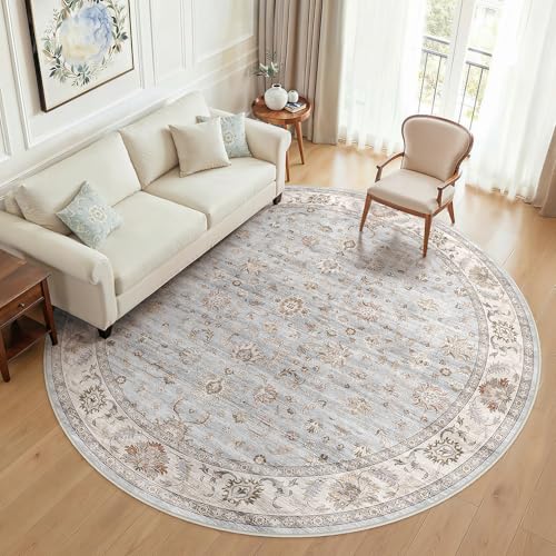 WITSHOCK Washable Round Rug 10ft Non-Slip Floral Carpet, Gray/Light Blue